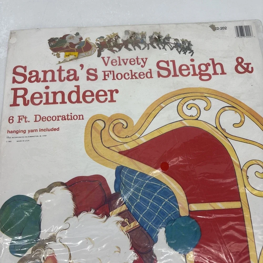 Vintage 1980s PECK Santa's Sleigh & Reindeer 6 Foot Velvety Flocked‎ Die Cut NEW